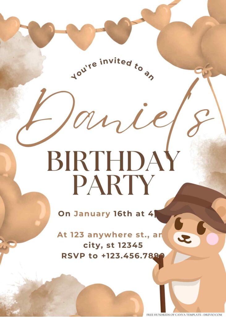 FREE Editable Brown Teddy Birthday Invitation