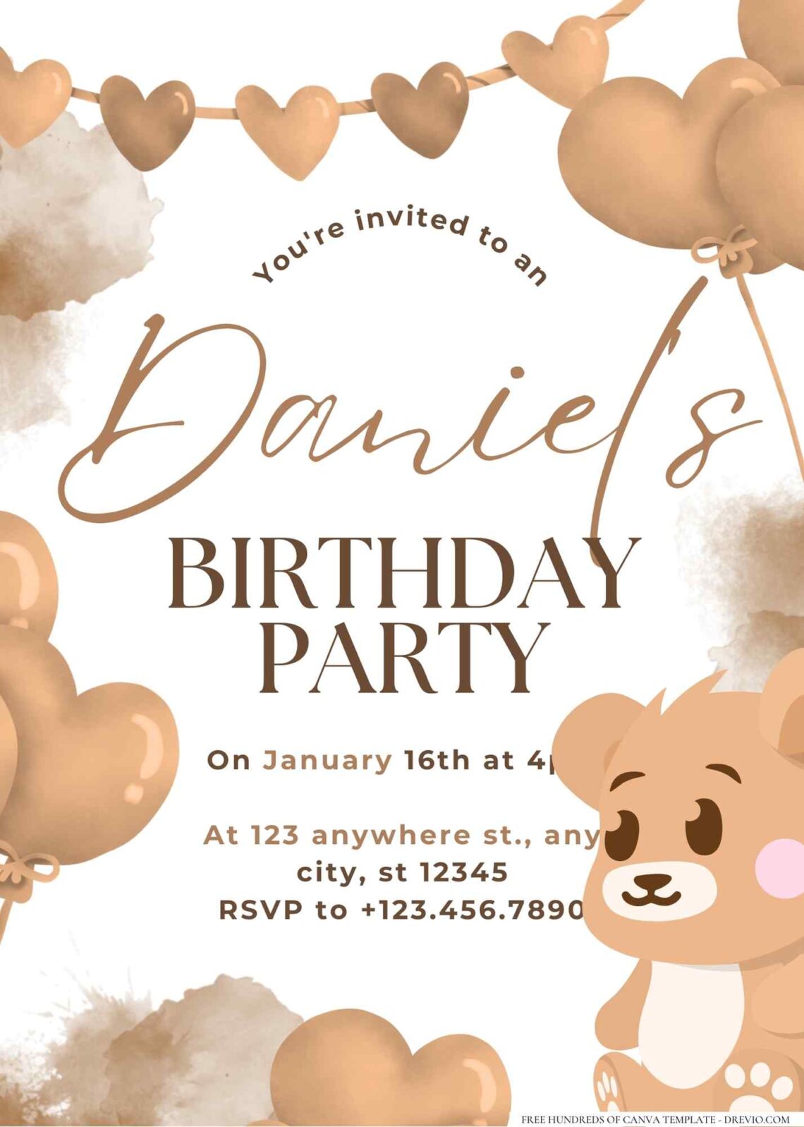 FREE Editable Brown Teddy Birthday Invitation