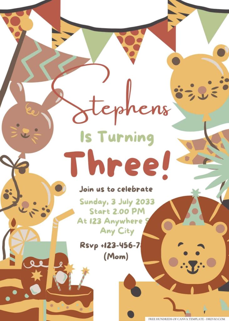 FREE Editable Hand drawn Cute Animal Birthday Invitation