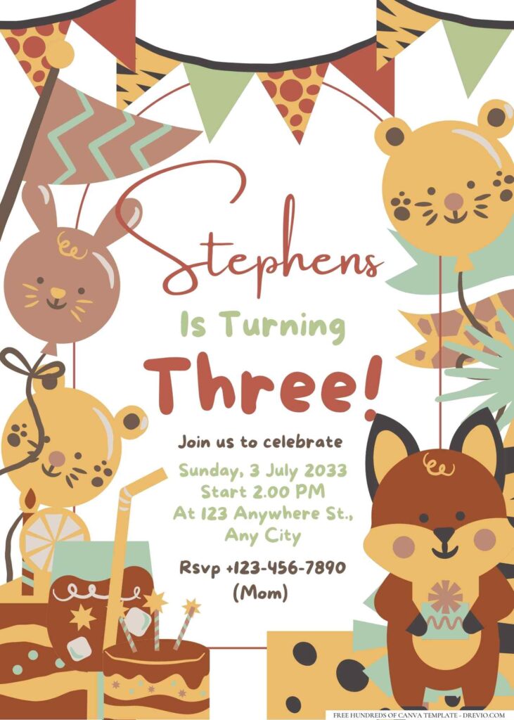 FREE Editable Hand drawn Cute Animal Birthday Invitation