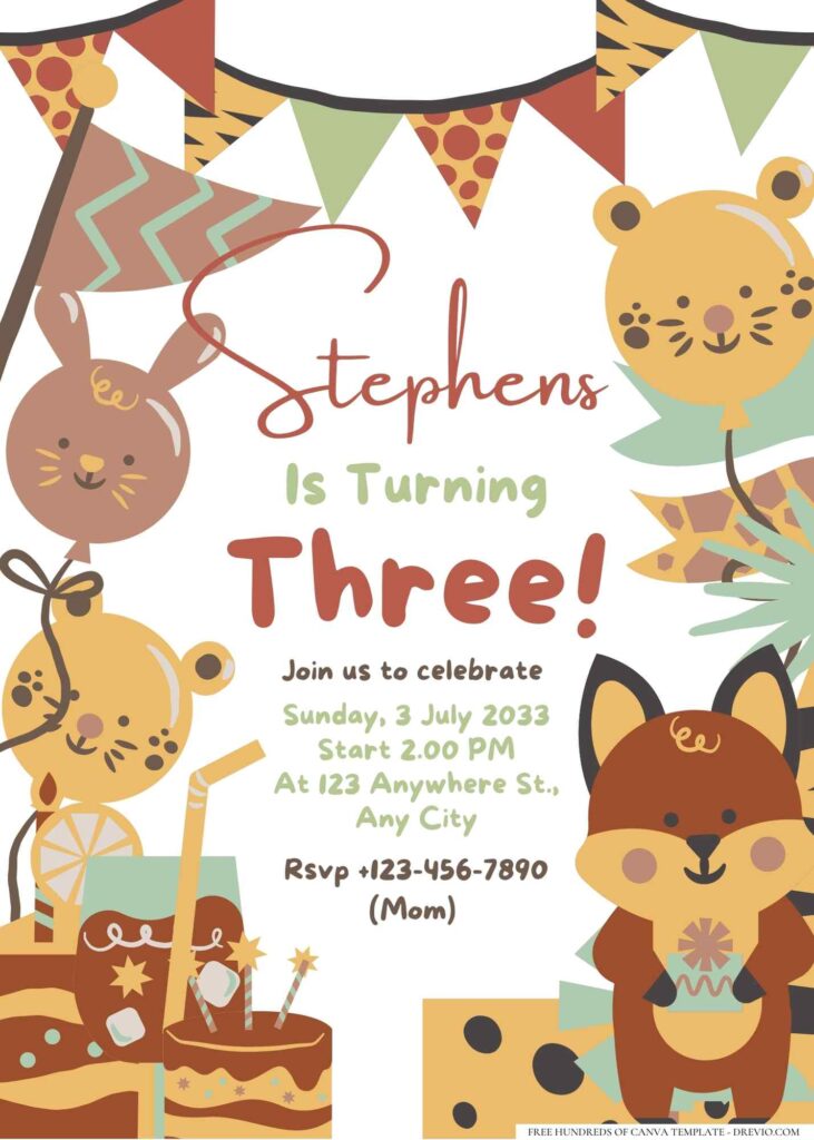 FREE Editable Hand drawn Cute Animal Birthday Invitation