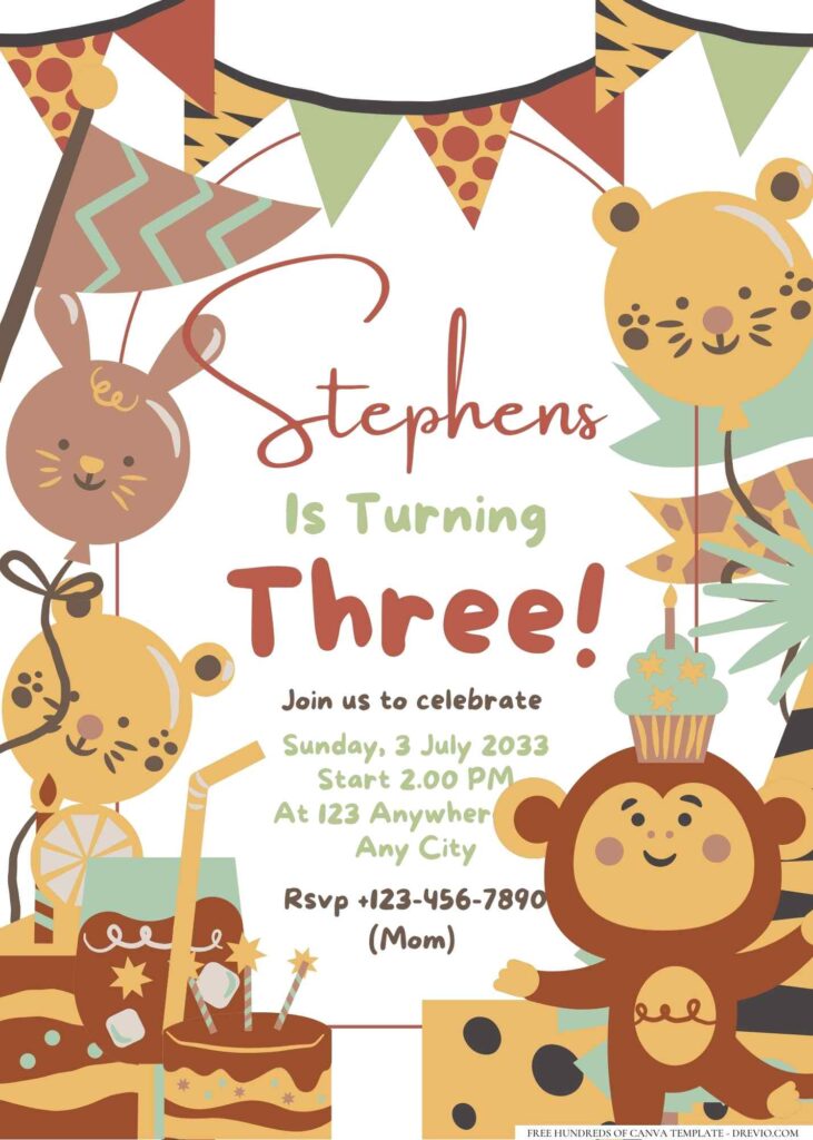 FREE Editable Hand drawn Cute Animal Birthday Invitation