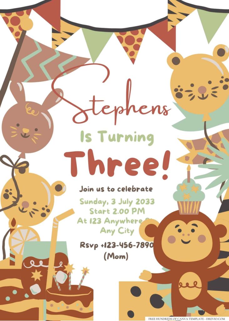 FREE Editable Hand drawn Cute Animal Birthday Invitation