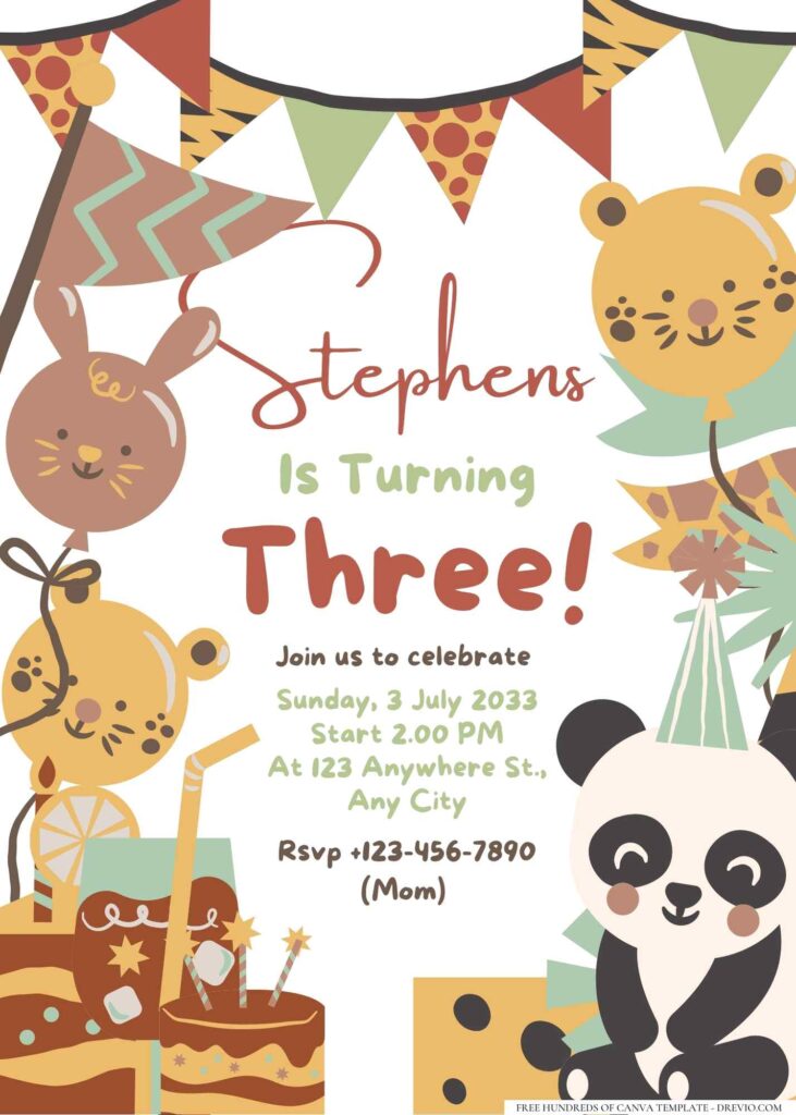 FREE Editable Hand drawn Cute Animal Birthday Invitation