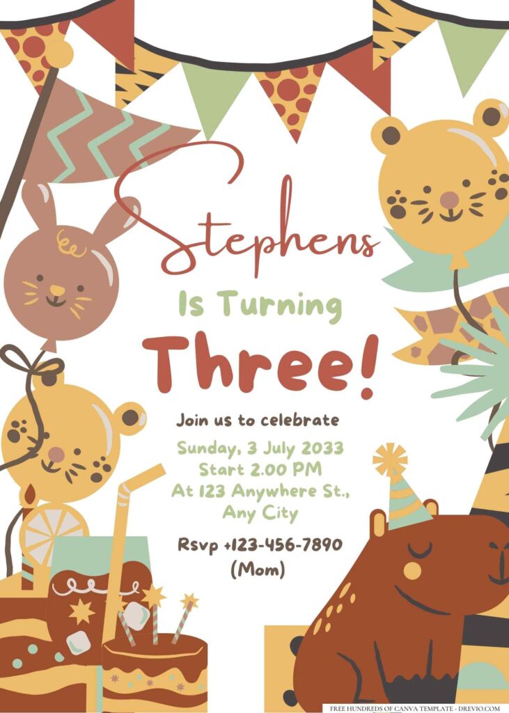 FREE Editable Hand drawn Cute Animal Birthday Invitation