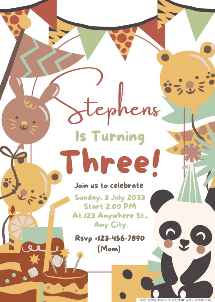 FREE Editable Hand drawn Cute Animal Birthday Invitation