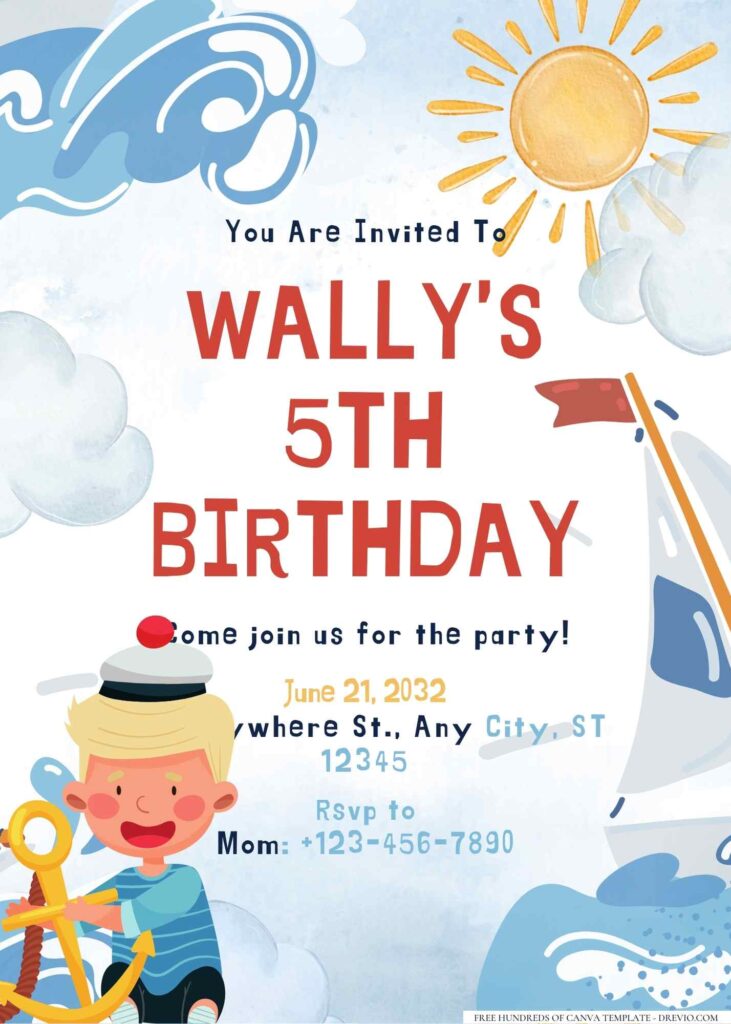 FREE Editable Little Sailor Birthday Invitation