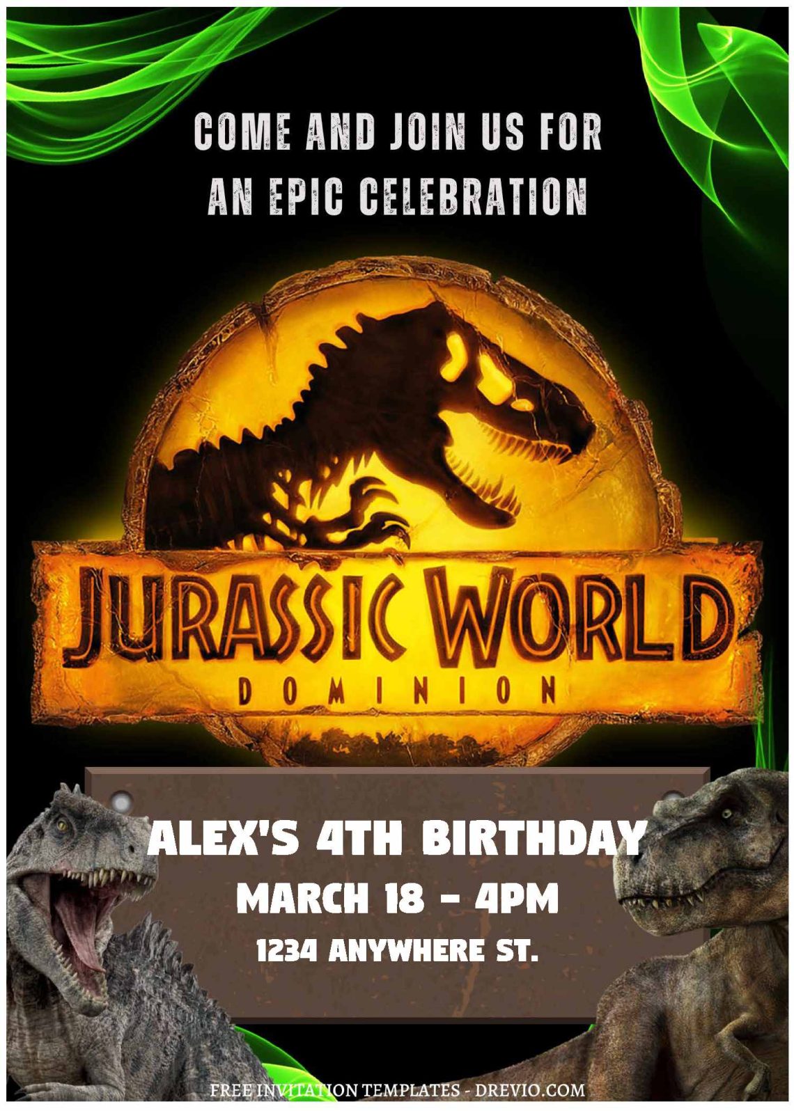 (Free Editable PDF) Roaring Good Time Jurassic Birthday Invitation Templates B