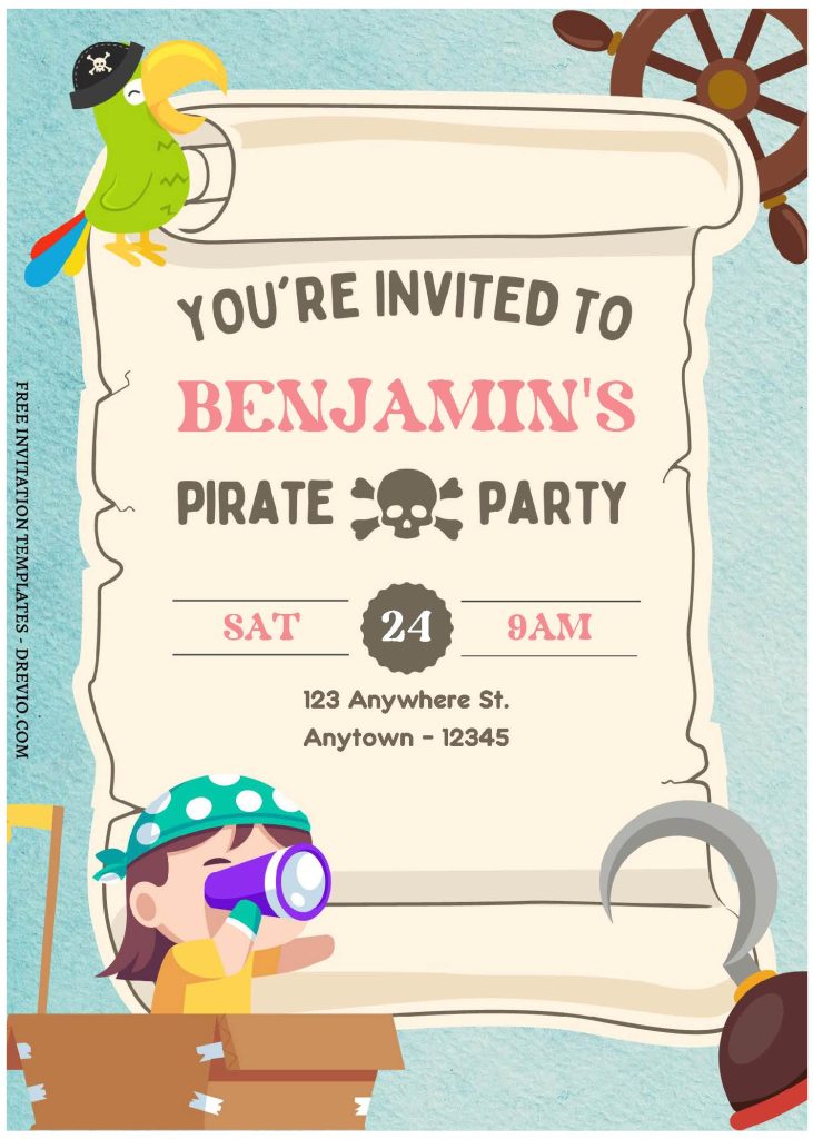 (Free Editable PDF) Swashbuckling Pirate Birthday Party Invitation Templates A