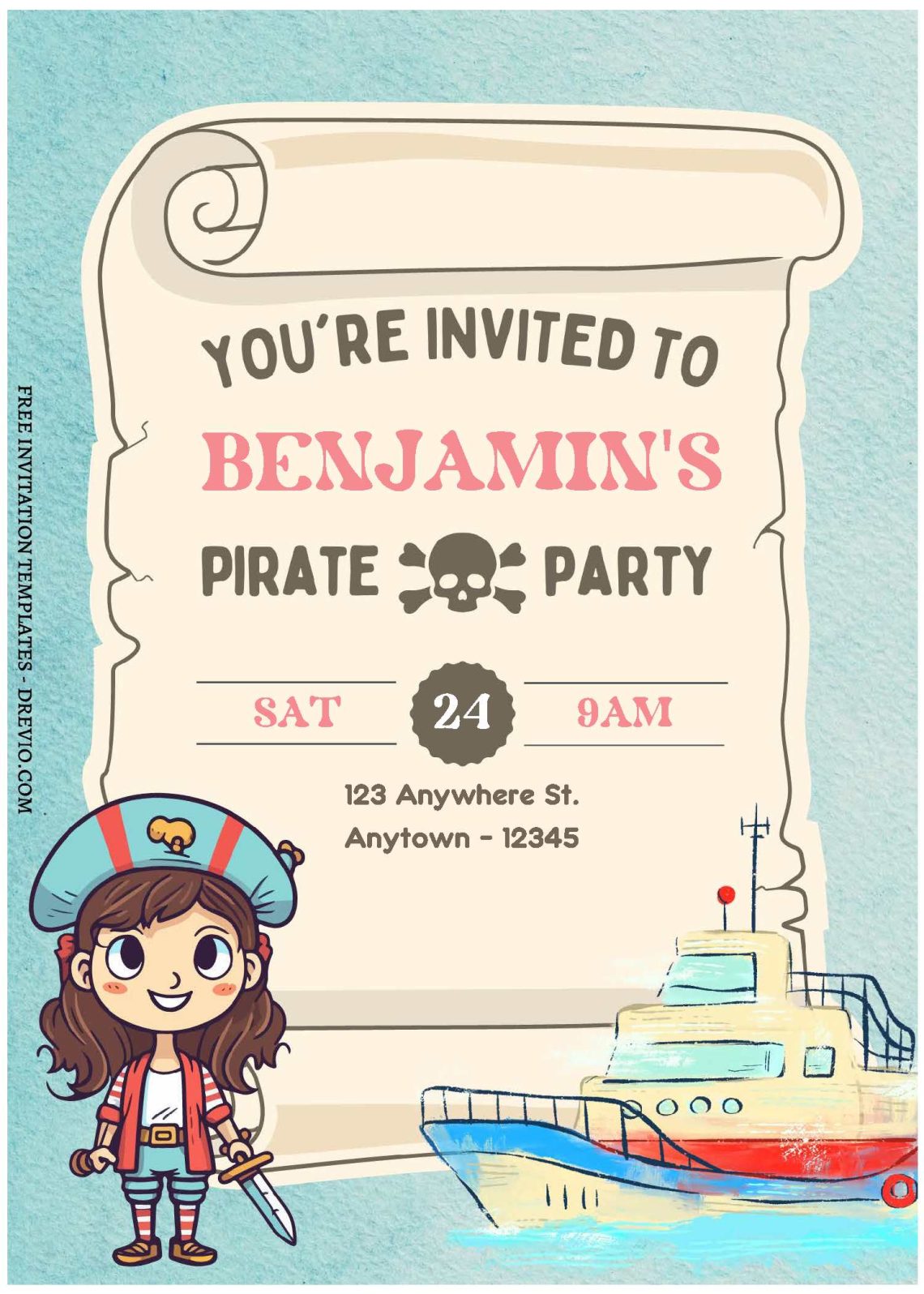 (Free Editable PDF) Swashbuckling Pirate Birthday Party Invitation Templates C