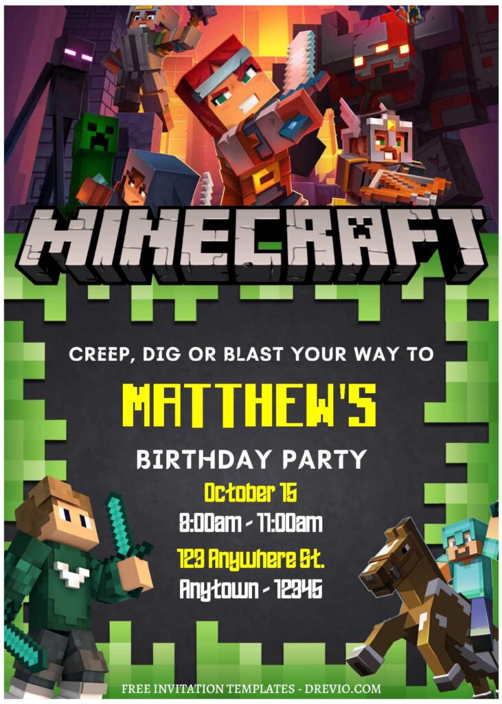 (Free Editable PDF) Fun Pixel Party Minecraft Birthday Invitation Templates B
