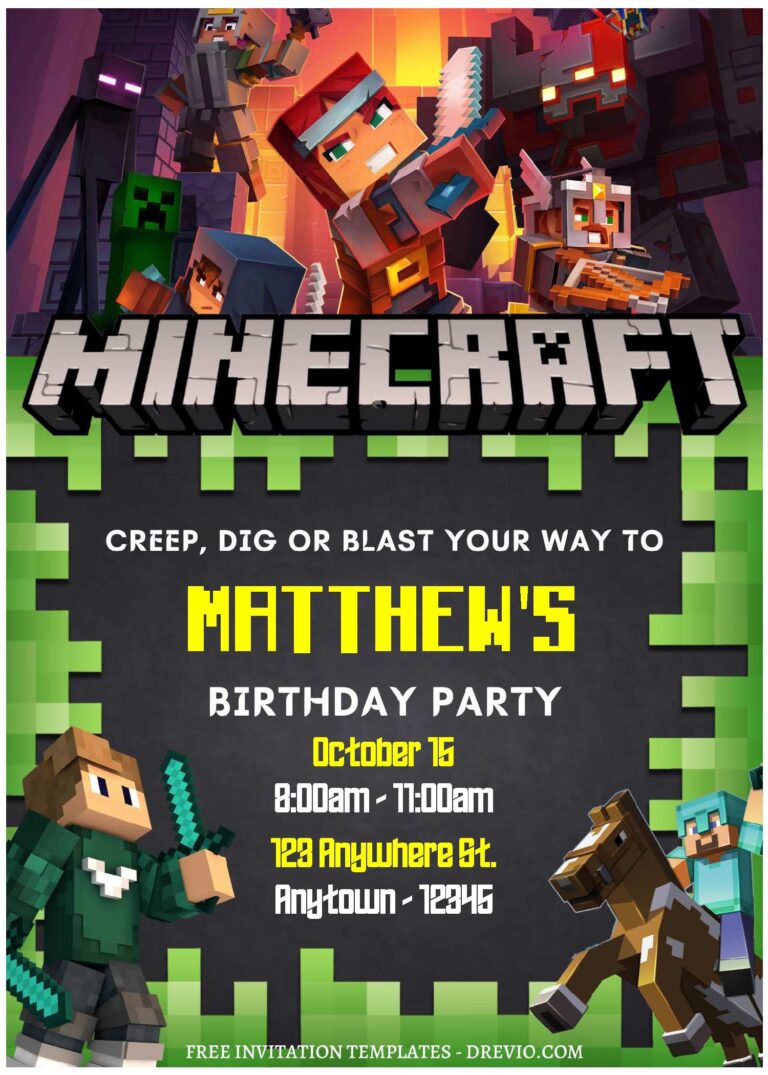 (Free Editable PDF) Fun Pixel Party Minecraft Birthday Invitation ...