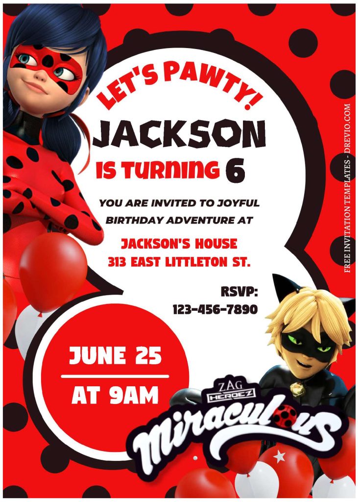 (Free Editable PDF) Lady Bug & Cat Noir Birthday Invitation Templates C