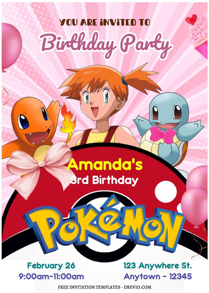 (Free Editable PDF) Cute Pokemon Girl Birthday Invitation Templates with Misty