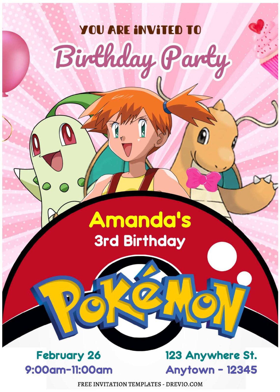 (Free Editable PDF) Cute Pokemon Girl Birthday Invitation Templates with eevee