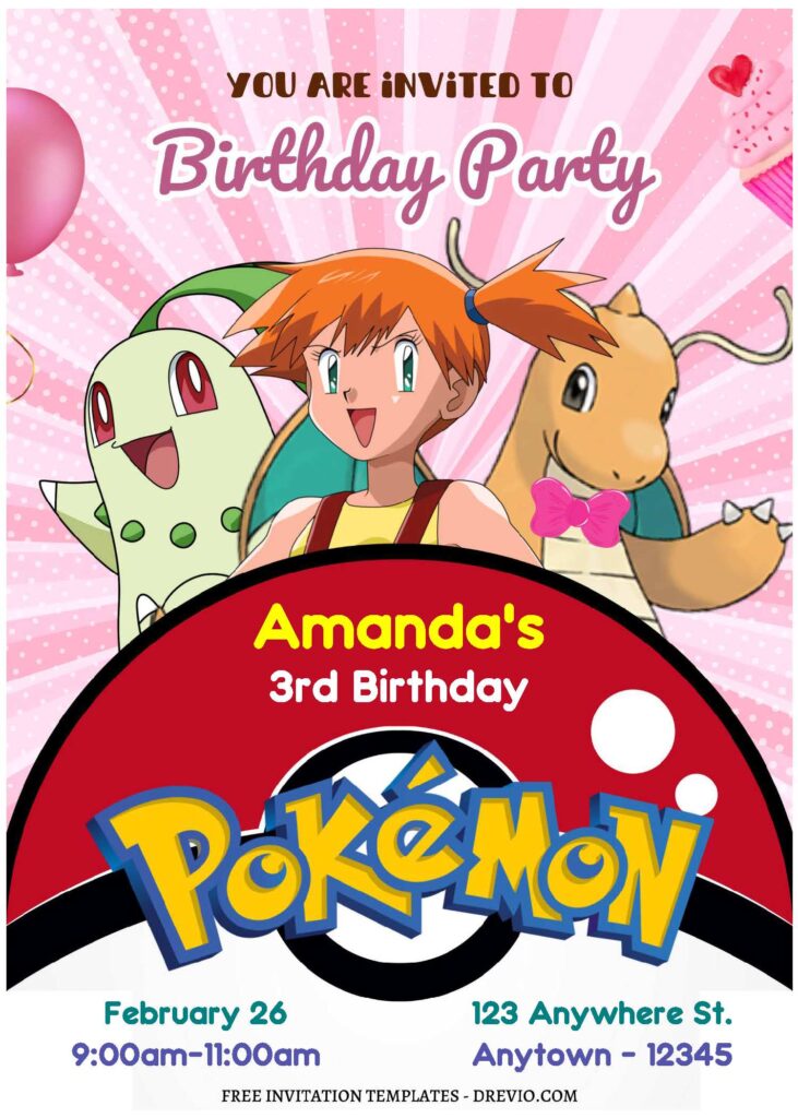 (Free Editable PDF) Cute Pokemon Girl Birthday Invitation Templates with eevee