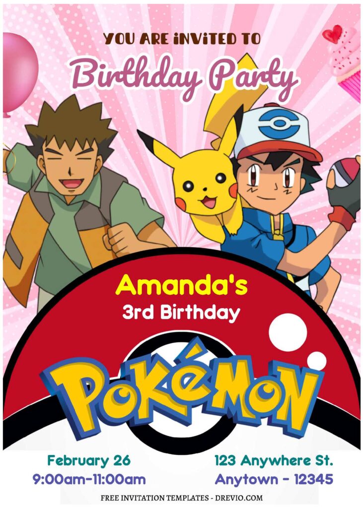 (Free Editable PDF) Cute Pokemon Girl Birthday Invitation Templates B