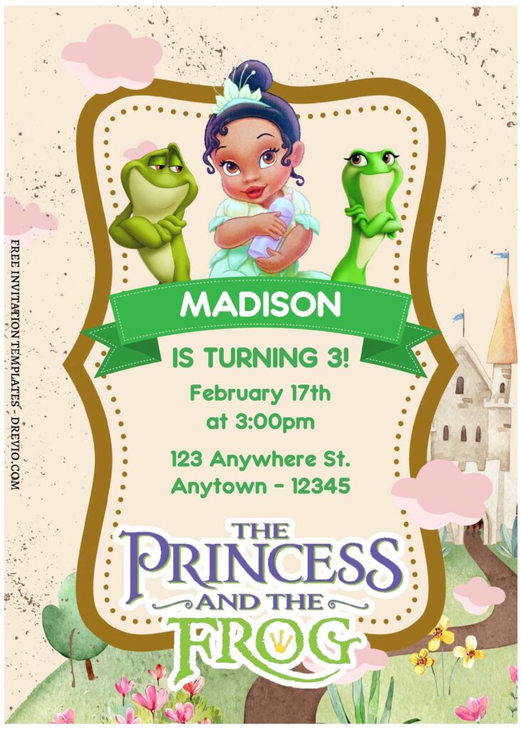 (Free Editable PDF) Fairy Tale Princess Tiana & The Frog Birthday Invitation Templates A