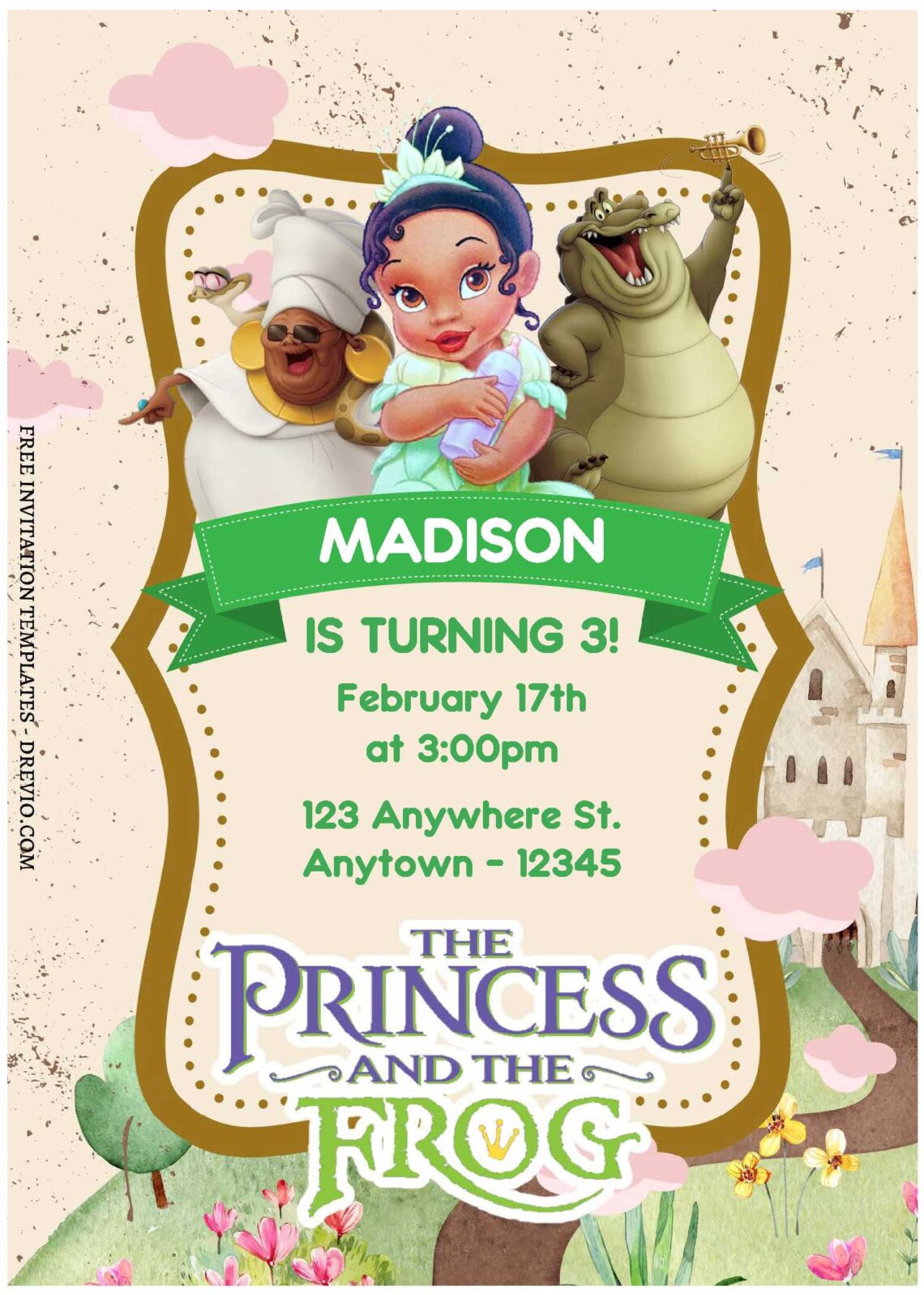 (Free Editable PDF) Fairy Tale Princess Tiana & The Frog Birthday Invitation Templates C