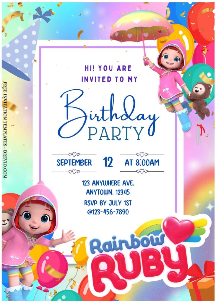 (Free Editable PDF) Rainbow Ruby Birthday Invitation Templates For Colorful Celebration A
