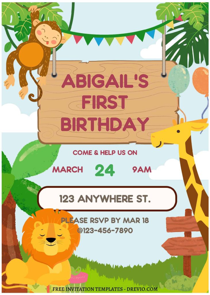 (Free Editable PDF) Playful Jungle Birthday Bash Invitation Templates C