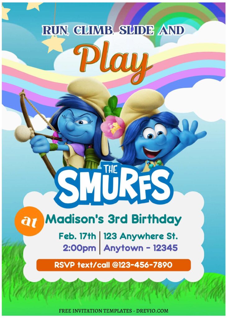 (Free Editable PDF) Magical Smurfs Birthday Invitation Templates with rainbow