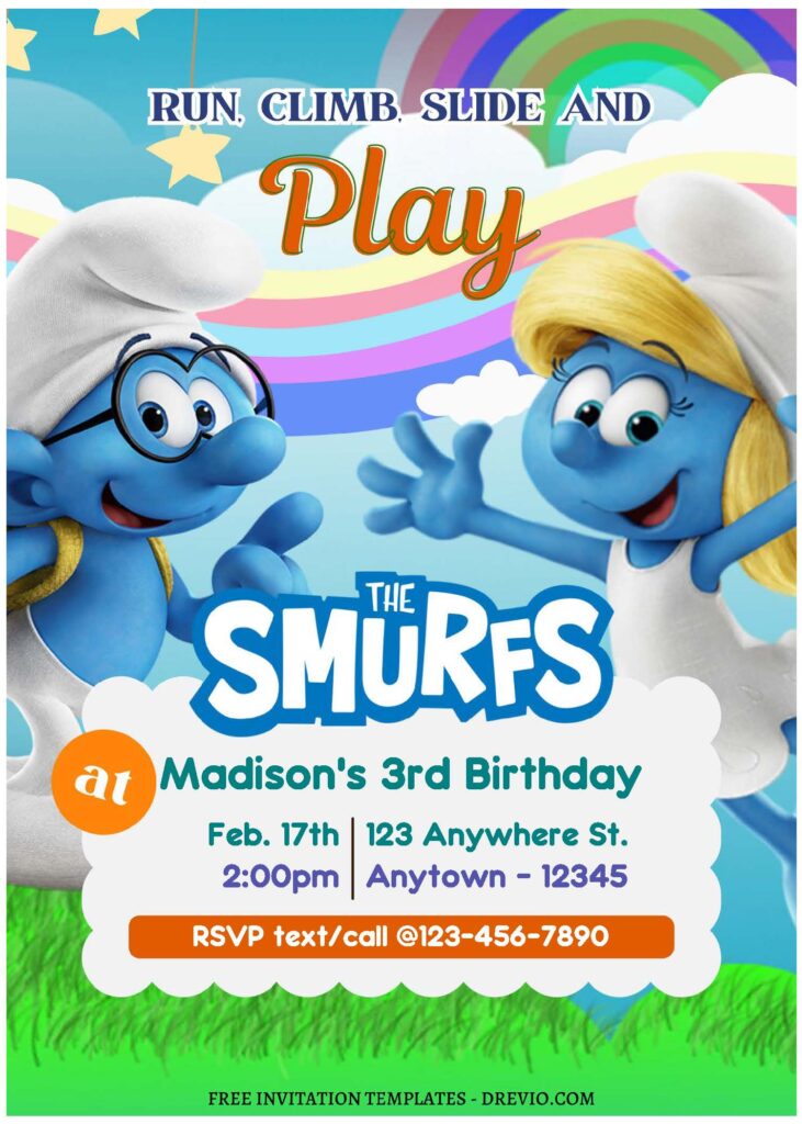 (Free Editable PDF) Magical Smurfs Birthday Invitation Templates with cute text