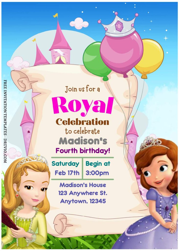 (Free Editable PDF) Magical Awaits Sofia The First Birthday Invitation Templates B