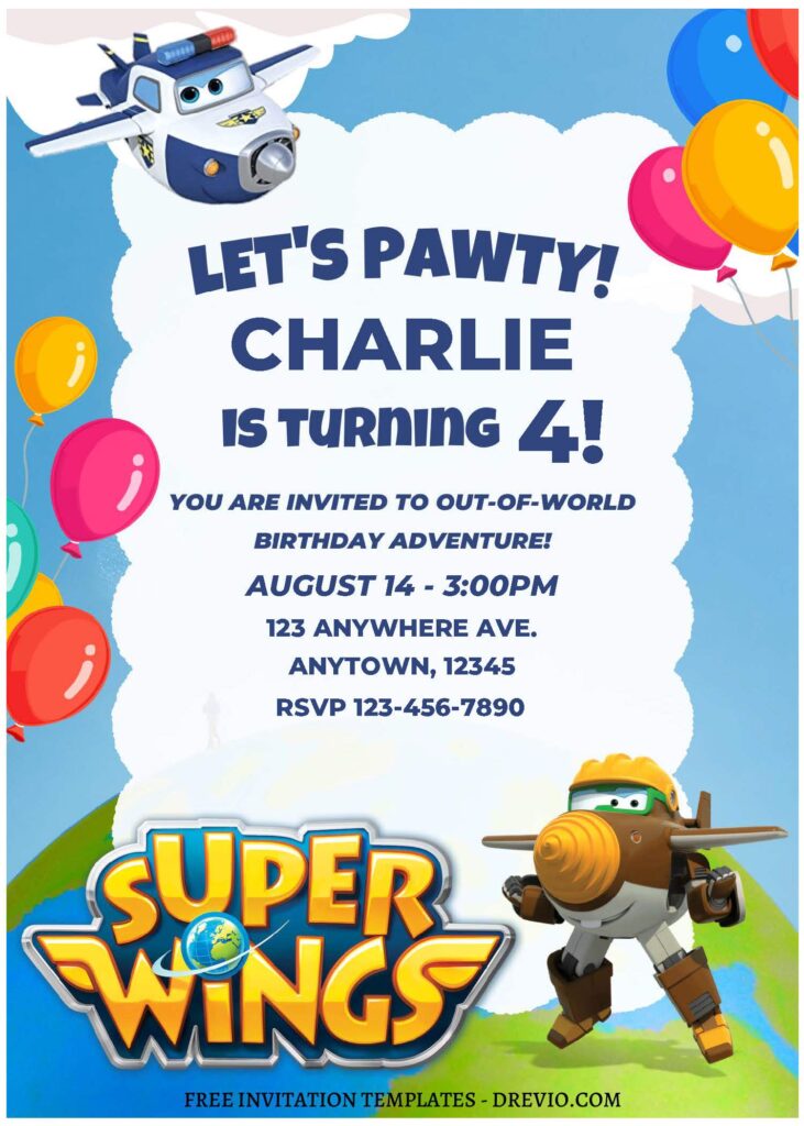 (Free Editable PDF) Cheerful Super Wings Birthday Invitation Templates A