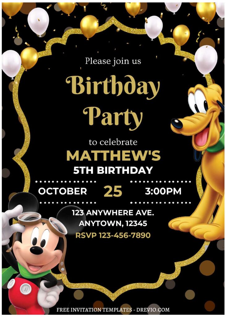 (Free Editable PDF) Mickey Mouse Magical World Birthday Invitation Templates with vintage gold frame
