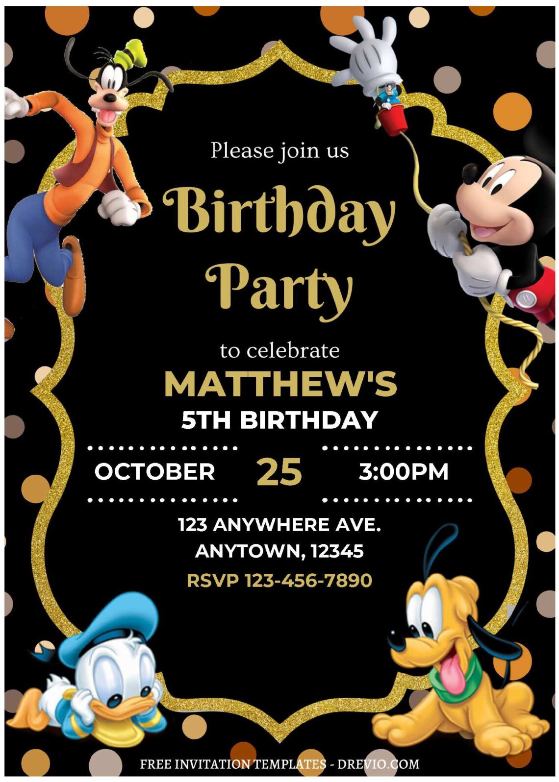 (Free Editable PDF) Mickey Mouse Magical World Birthday Invitation Templates with charming black background