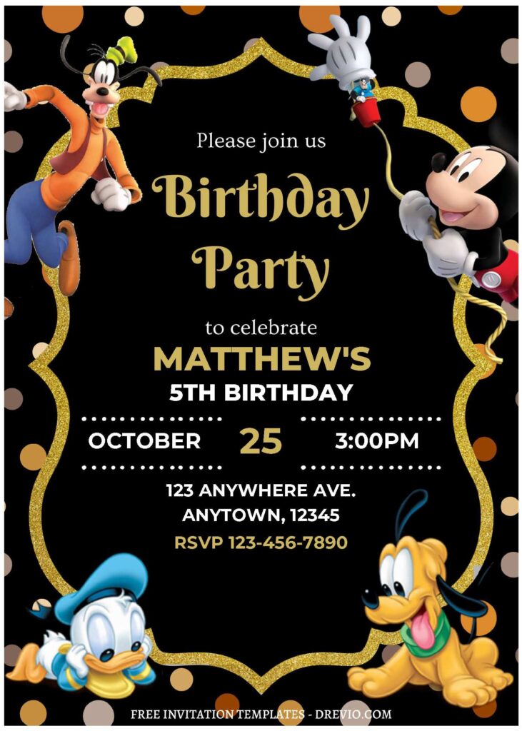 (Free Editable PDF) Mickey Mouse Magical World Birthday Invitation Templates with charming black background
