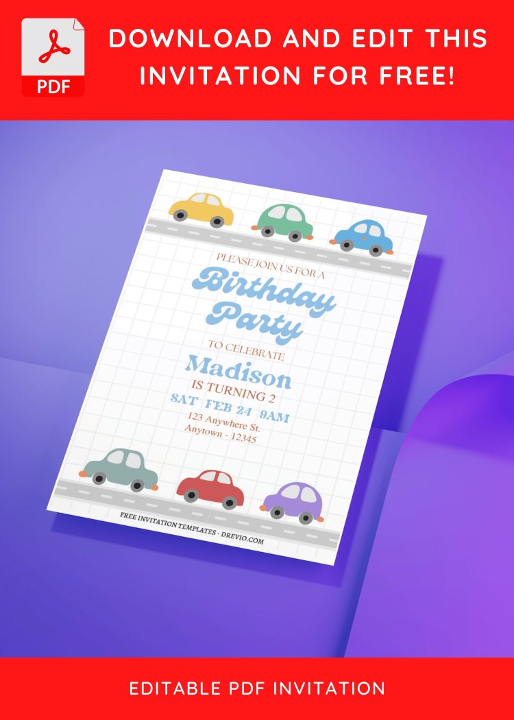 (Free Editable PDF) Cute Transportation Car Birthday Invitation ...