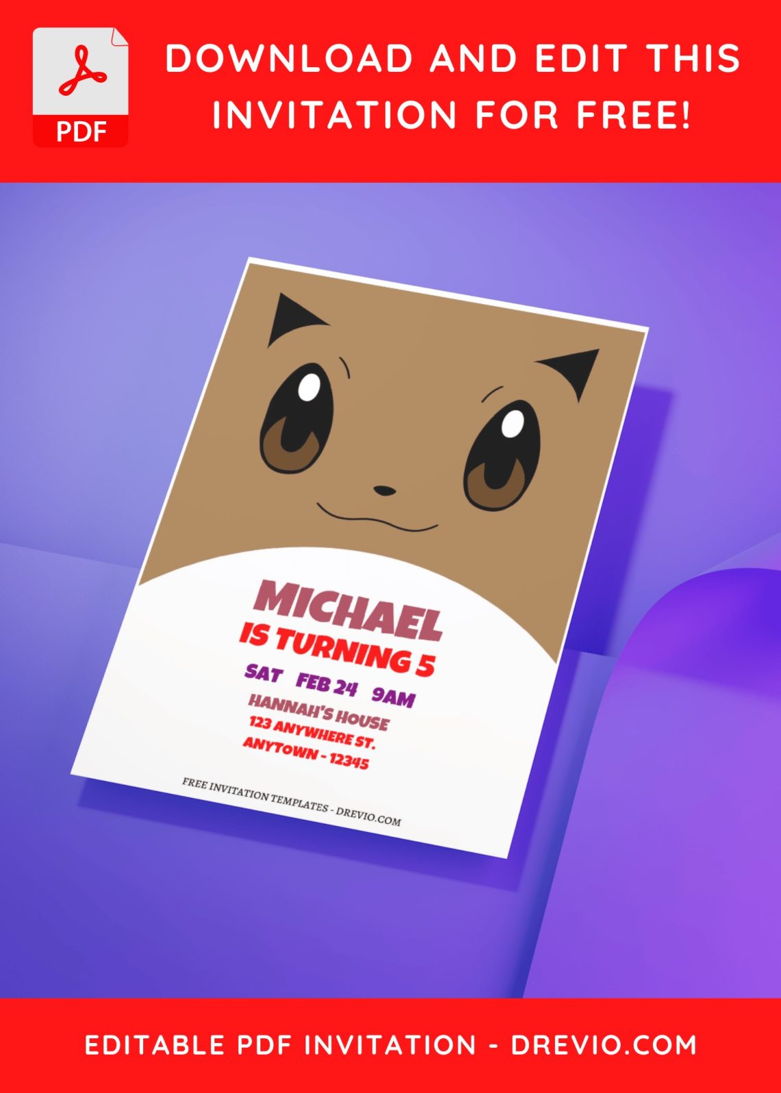(Free Editable PDF) Lovely Pokemon Faces Birthday Invitation Templates with portrait orientation design