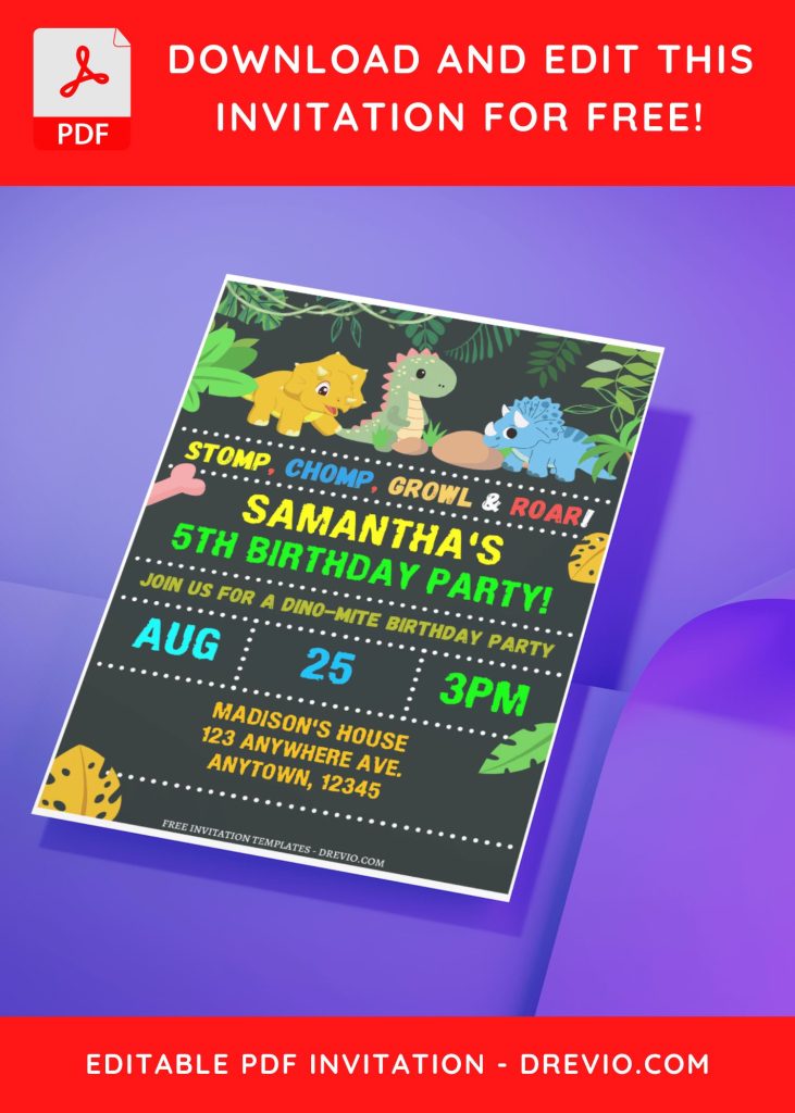 (Free Editable PDF) Cartoon Chalkboard Dino Birthday Invitation Templates with adorable triceratops