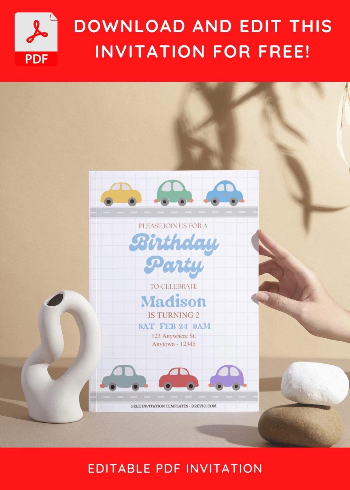 (Free Editable PDF) Cute Transportation Car Birthday Invitation Templates I