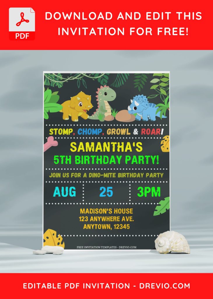 (Free Editable PDF) Cartoon Chalkboard Dino Birthday Invitation Templates with cute t-rex