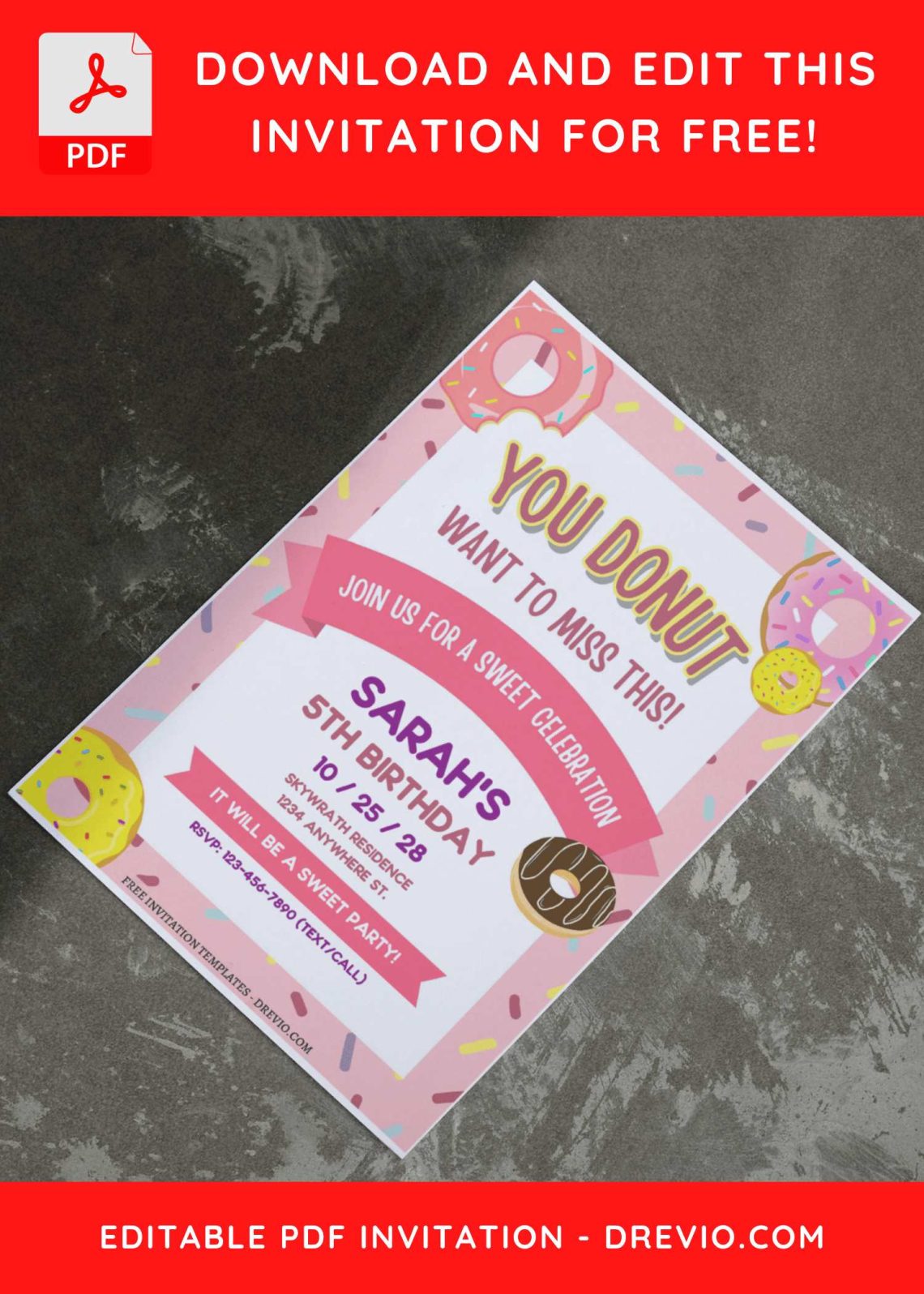(Free Editable PDF) Sprinkle Some Fun Donut Themed Birthday Invitation Templates with orange donut