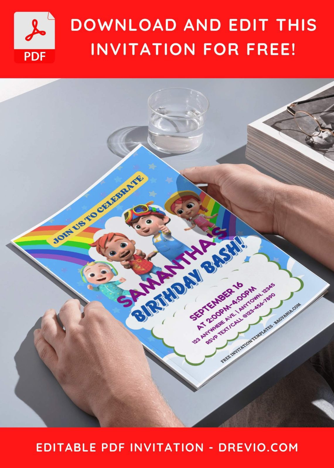 (Free Editable PDF) Cocomelon Rainbow World Birthday Invitation Templates with sky background