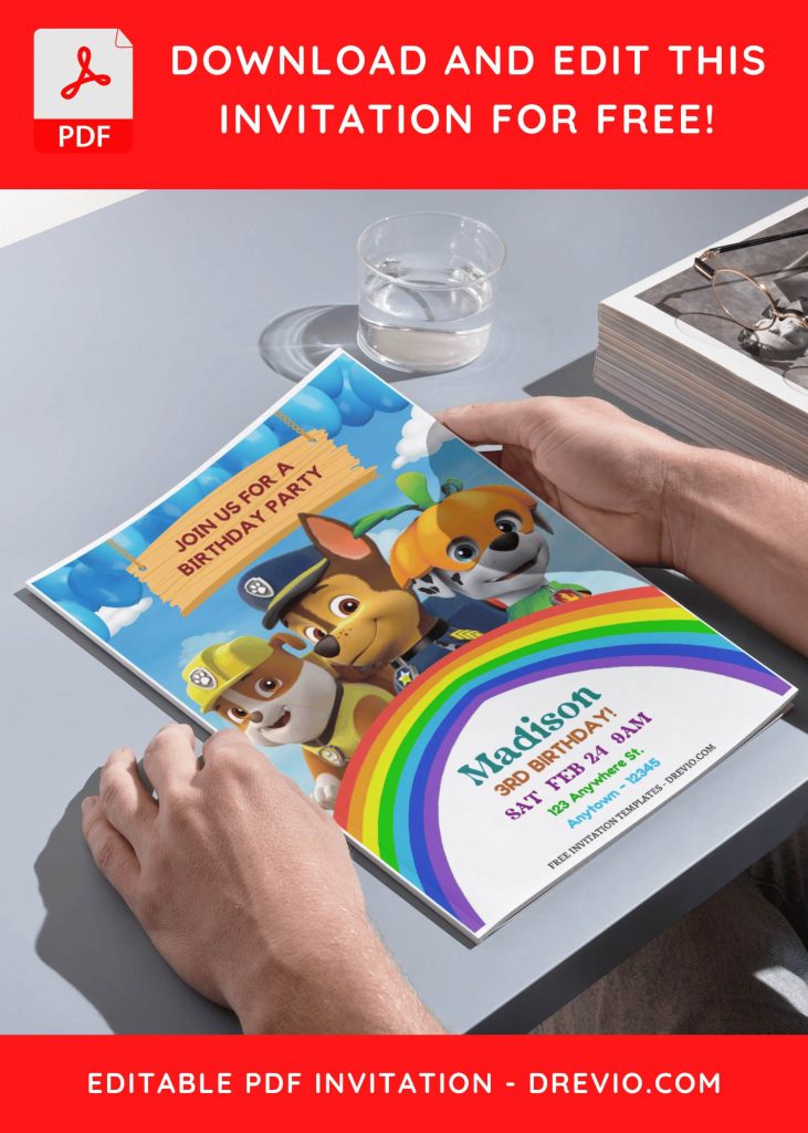 (Free Editable PDF) Rainbow Mighty PAW Patrol Birthday Invitation Templates with Chase and Rumble
