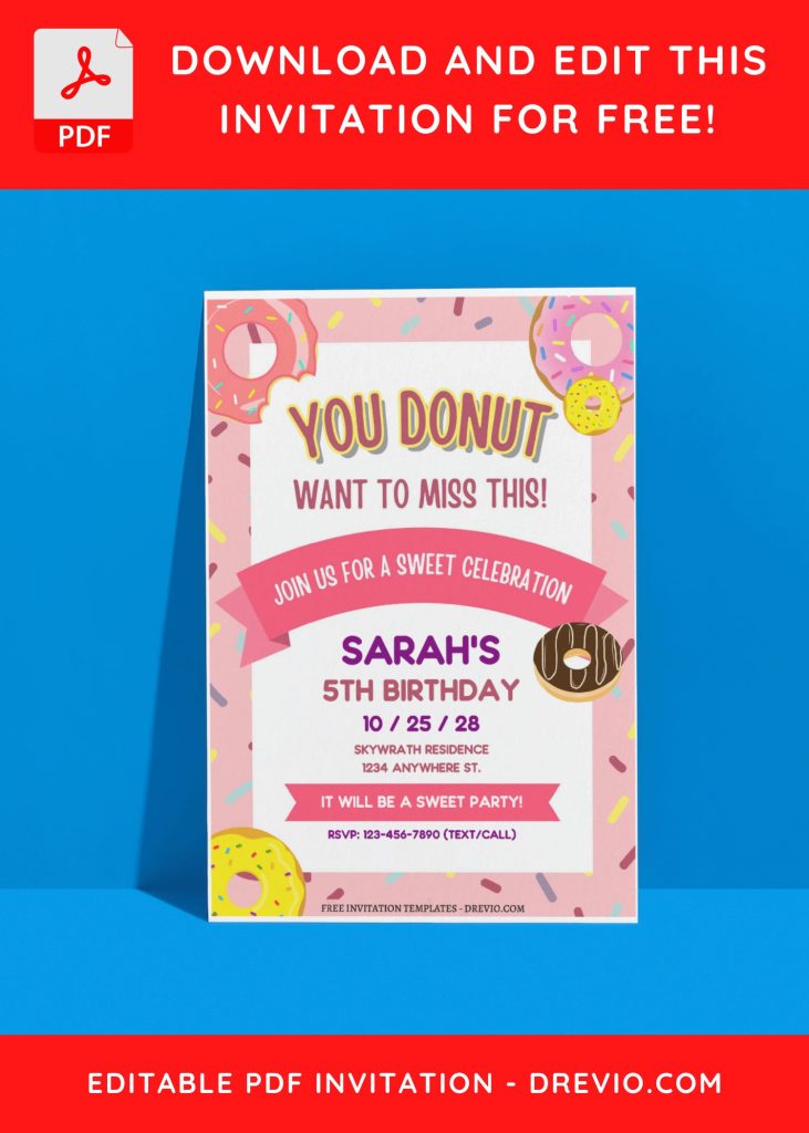 (Free Editable PDF) Sprinkle Some Fun Donut Themed Birthday Invitation Templates with strawberry donut