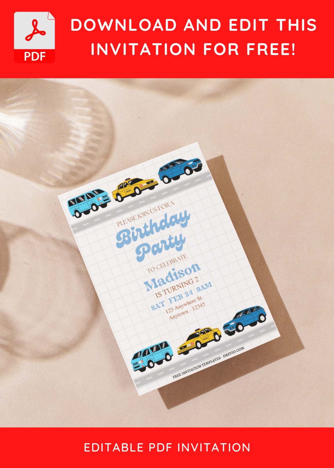 (Free Editable PDF) Cute Transportation Car Birthday Invitation Templates G