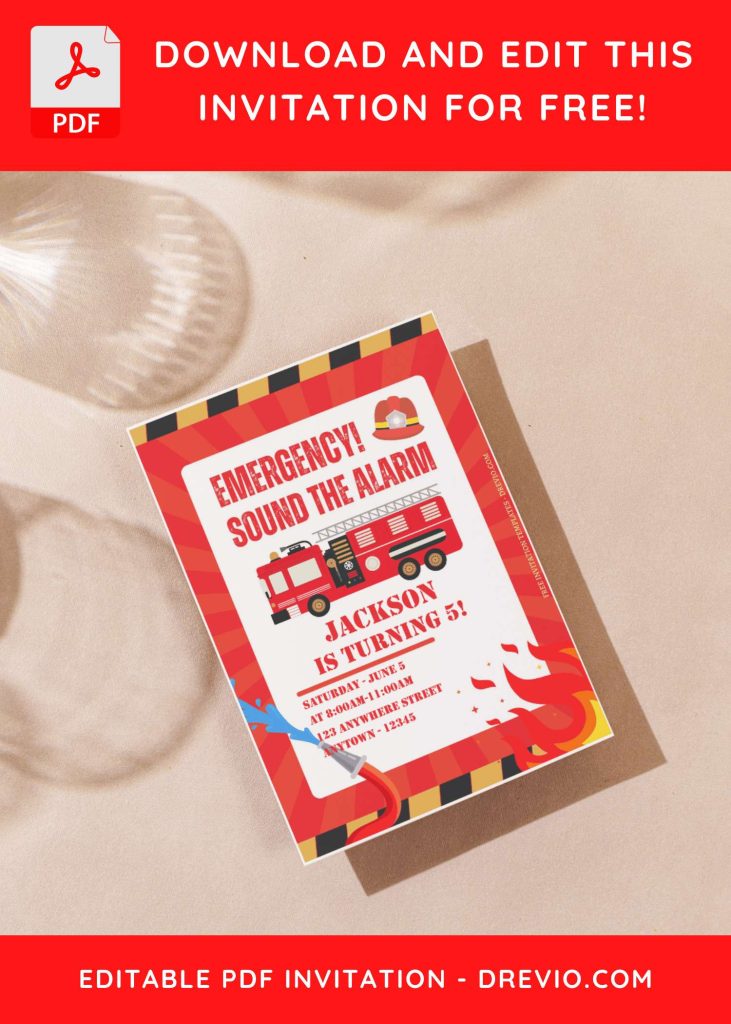 (Free Editable PDF) Blazing Fun Firefighter Birthday Invitation Templates with fire border