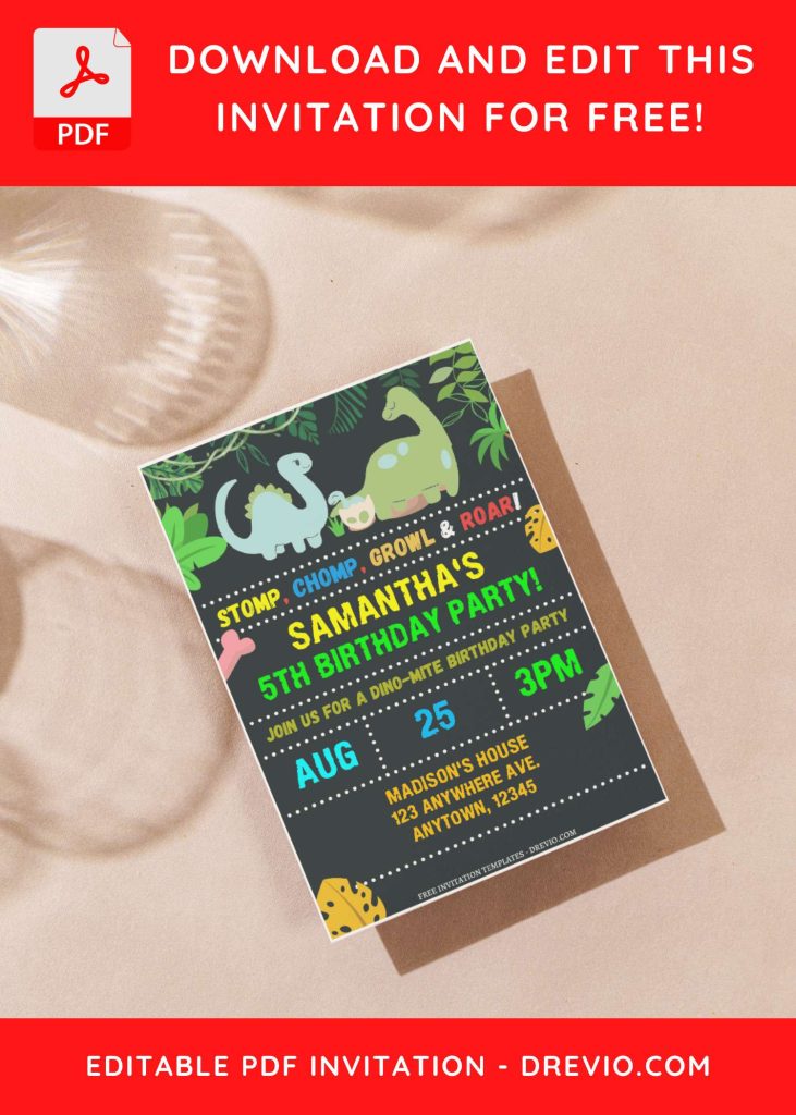 (Free Editable PDF) Cartoon Chalkboard Dino Birthday Invitation Templates with dino egg