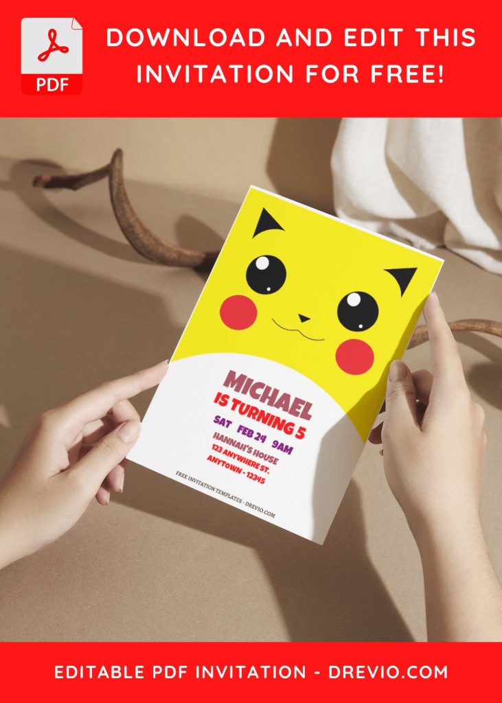 (Free Editable PDF) Lovely Pokemon Faces Birthday Invitation Templates with adorable Pikachu face