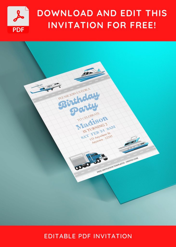 (Free Editable PDF) Cute Transportation Car Birthday Invitation Templates E