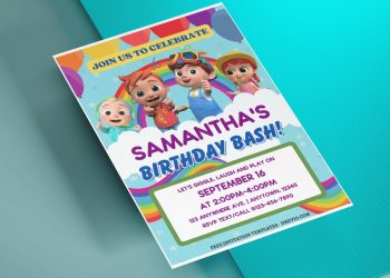 (Free Editable PDF) Cocomelon Rainbow World Birthday Invitation Templates with colorful balloon frame