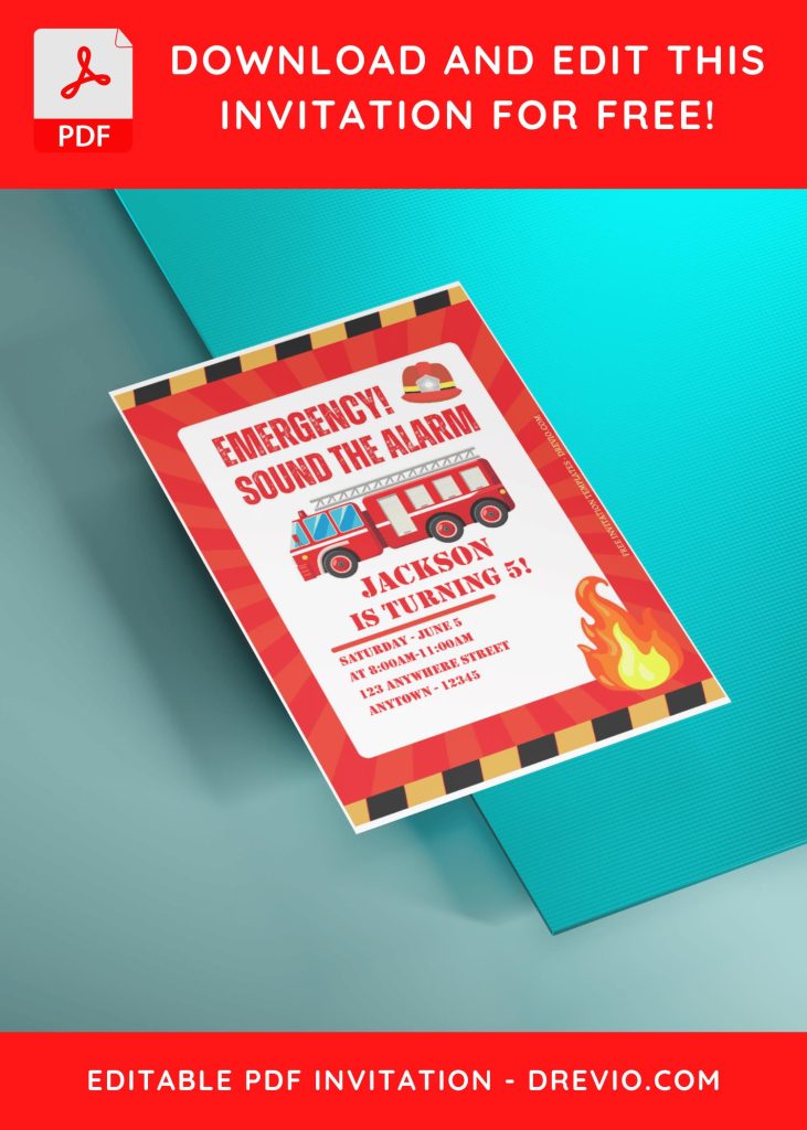 (Free Editable PDF) Blazing Fun Firefighter Birthday Invitation Templates with cartoon hand drawn firetruck