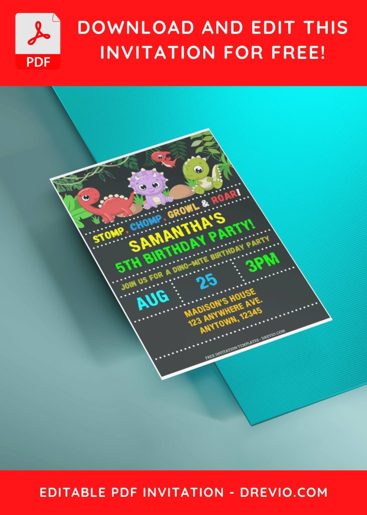 (Free Editable PDF) Cartoon Chalkboard Dino Birthday Invitation Templates with chalkboard background