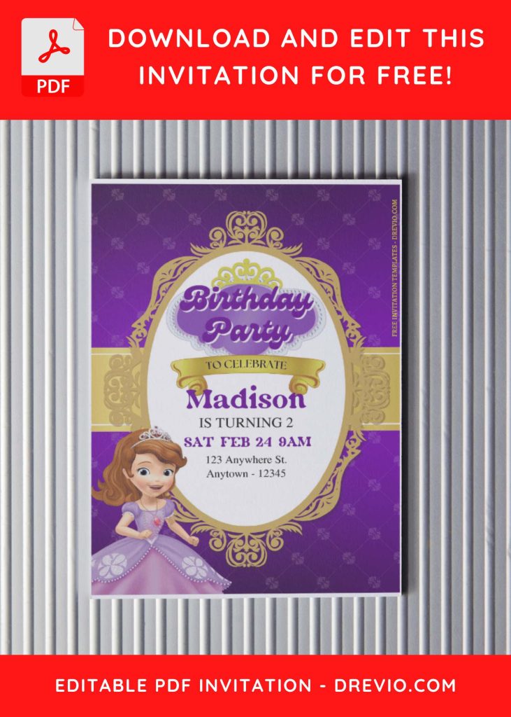 (Free Editable PDF) Elegant Princess Sofia The First Birthday Invitation Templates with navy background